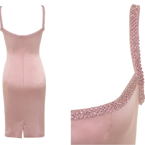 RARE HOUSE OF CB 'Camilla' Pink Satin Dress with Hand Sewn Crystals NWOT - Picture 6 of 11